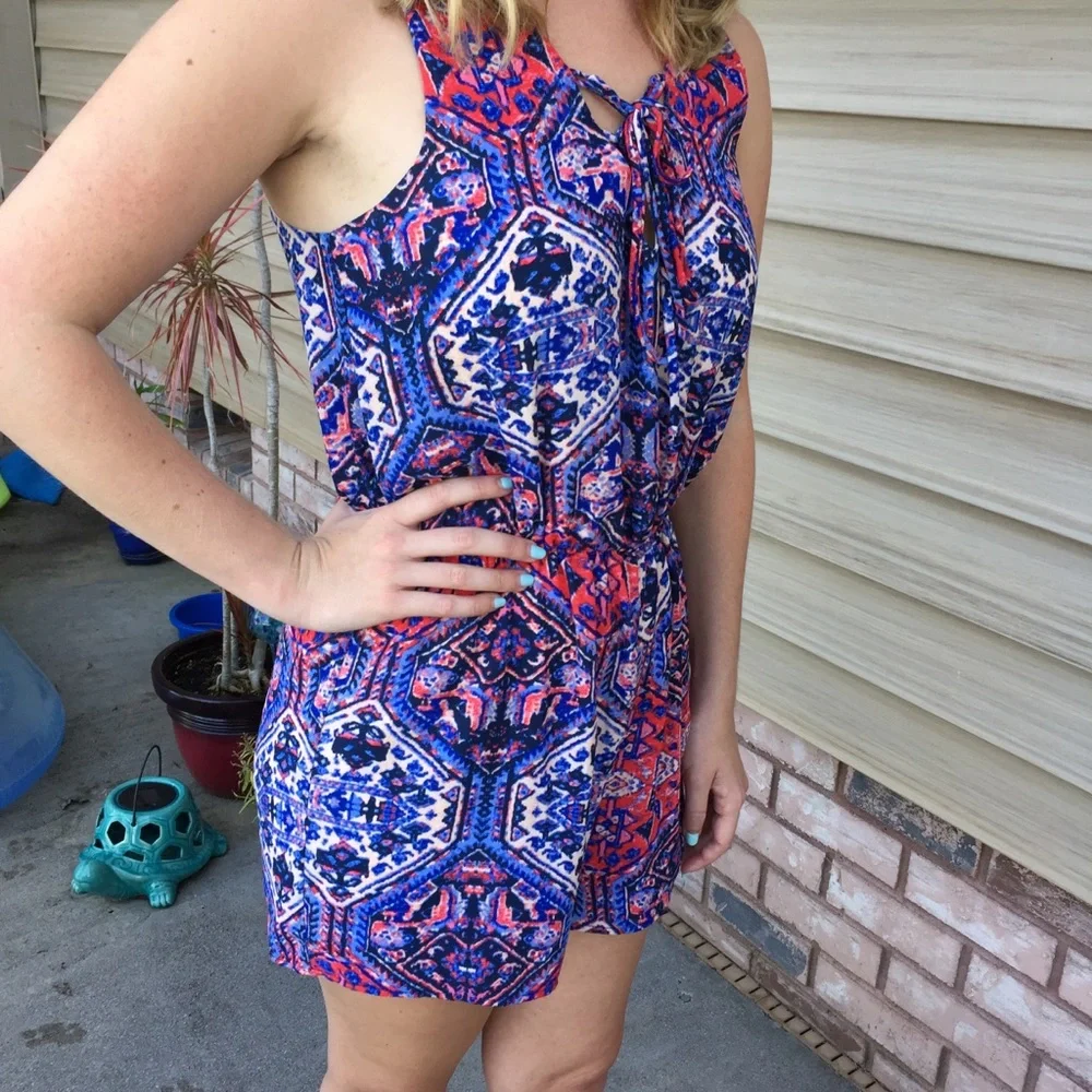 Everly Southwest Print Lace Up Front Navy Blue Romper Shorts Sz S